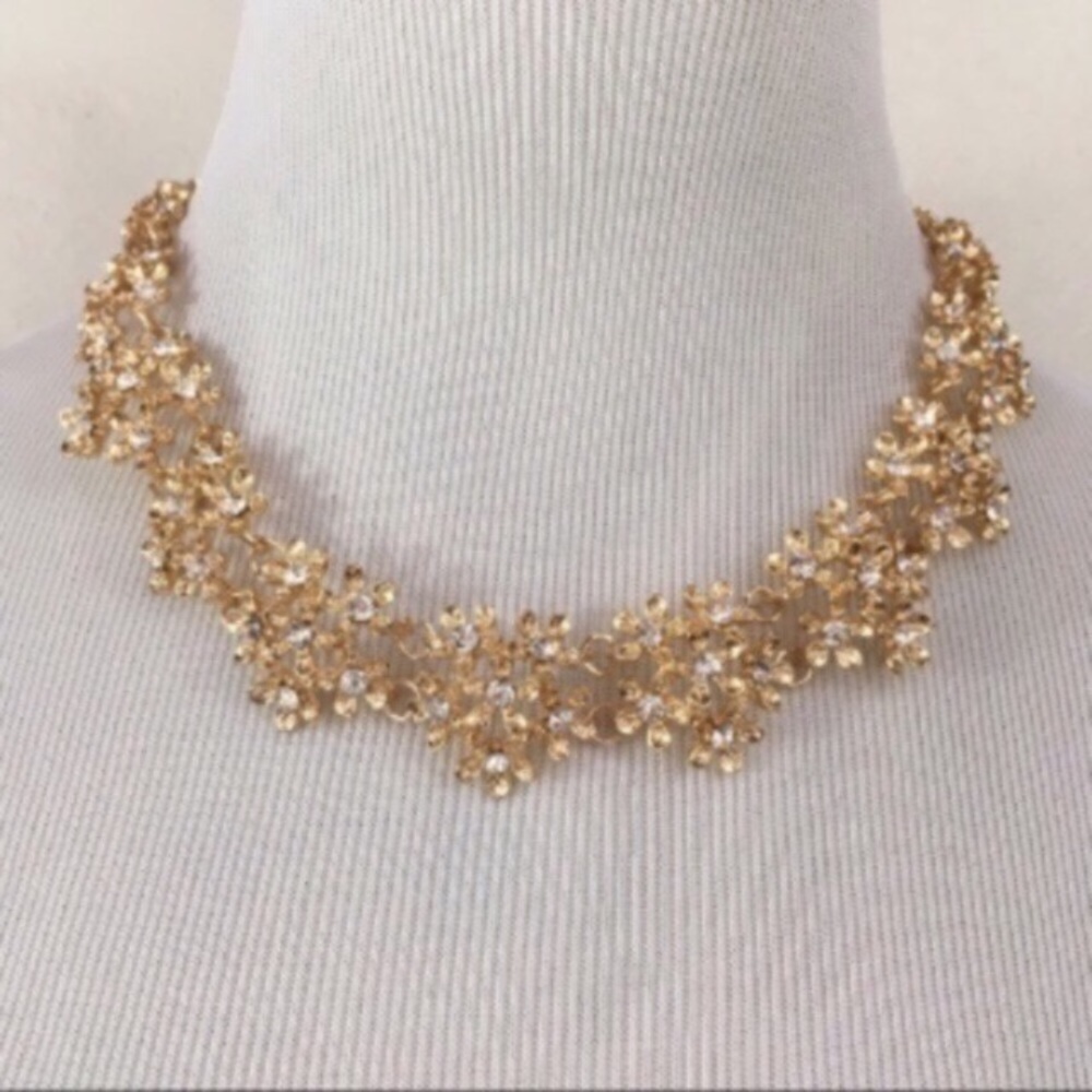 Rhinestone Floral Cluster Gold Necklace NEW